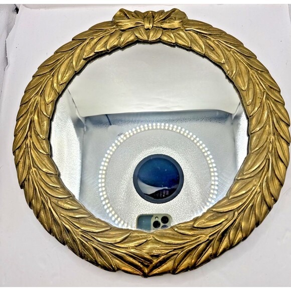 MCM Vtg Round Laurel Leaf Framed Accent Mirror With Bow Detail Hanging Gold 13” - Picture 1 of 7